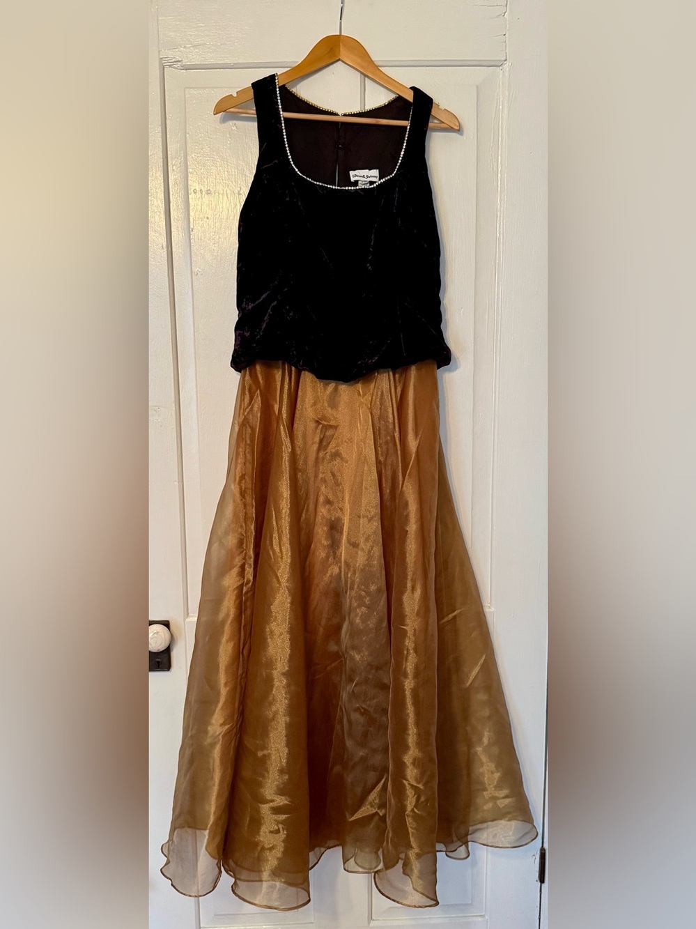 90’s Black Velvet and Copper Organza Gold Formal Full Length Dress